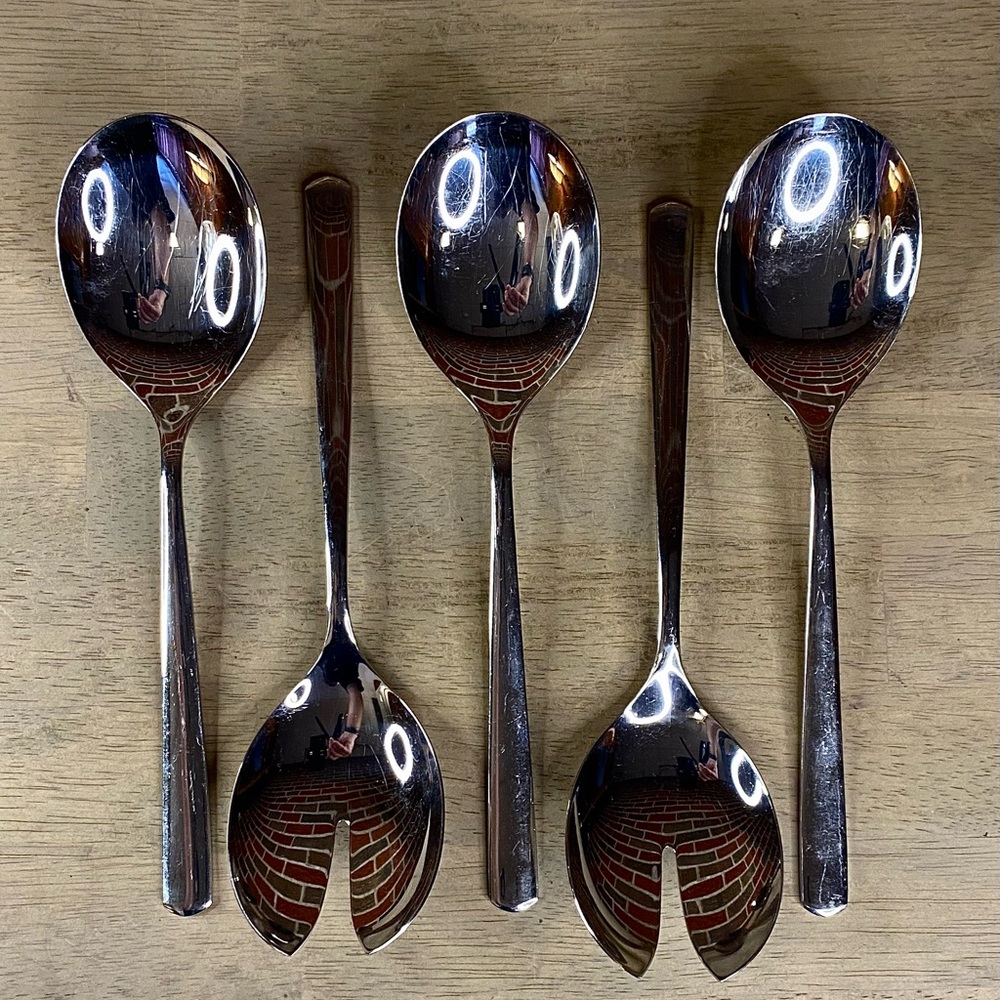 WMF Manaos Bistro Cromargan Serving Set 9 1/4" Spoon Fork Stainless Flatware X 5